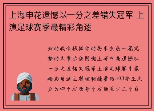 上海申花遗憾以一分之差错失冠军 上演足球赛季最精彩角逐
